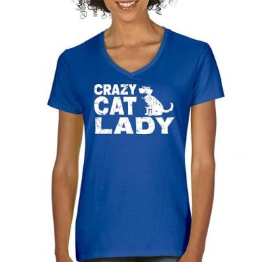 Imagem de Camiseta feminina Crazy Cat Lady gola V divertida amante de gatinhos animais de estimação mãe feline rainha miau gatos humor mamãe sarcástica camiseta, Azul, XXG