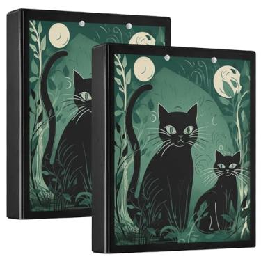 Imagem de Fichários de caderno retrô lua verde gato preto de 3,8 cm anéis redondos fichários para caderno com capa de bolso 1/2 pacote para fichário de escritório 200 folhas