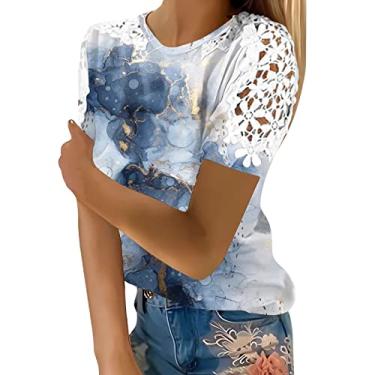 Imagem de Blusas femininas de malha de renda para treino plus size manga curta Y2K blusas de algodão camisetas camponesas túnica formal, Cinza, GG