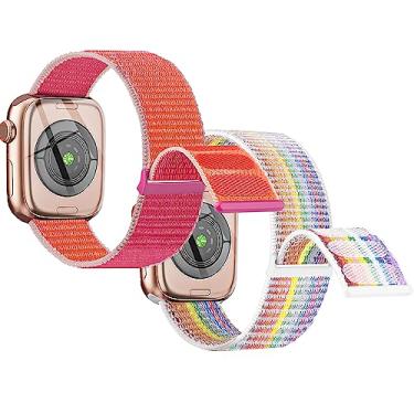 Imagem de Pulseira de nylon compatível com Apple Watch infantil, pulseira esportiva de substituição para iWatch séries 8, 7, 6, 5, 4, 3, SE 42 mm, 44 mm, 45 mm, para pulso pequeno de menino e menina - arco-íris + vermelho roma.
