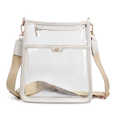 Imagem de Bolsa de ombro feminina transparente de PVC com zíper e acabamento em couro vegano, aprovada pelo estádio, Marfim