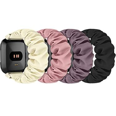 Imagem de ShuYo Pulseiras de relógio Scrunchie para Fitbit Versa/Versa 2/Versa Lite/Versa SE, mulheres e homens, pulseira elástica de nylon macio de substituição para relógio inteligente Fitbit Versa (preto +