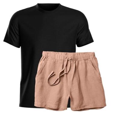Imagem de Kit Conjunto Camiseta Algodao e Short Linho Bermuda Masculina Moda Praia Luxo (Preto e Bege, M)