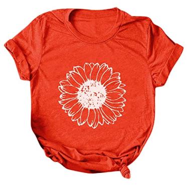 Imagem de Duobla Camisetas femininas de verão 2024 com estampa de girassol, casual, de manga curta, com estampa de flores, roupas modernas, A-2-laranja, M