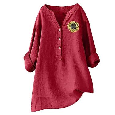 Imagem de Camisa feminina de mistura de algodão de linho, manga comprida, gola V, abotoada, girassol, Vermelho, 3G