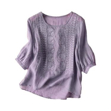 Imagem de Camisetas femininas de linho, estampa floral, cor sólida, gola redonda, manga 3/4, blusa solta de verão, Roxa, 3G