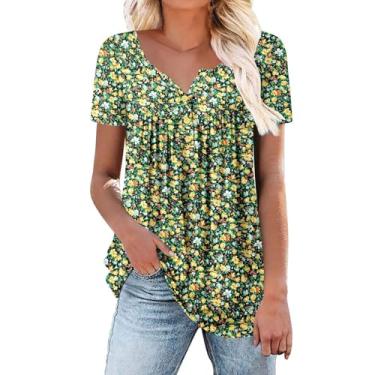 Imagem de Camiseta feminina plissada com estampa floral, manga curta, caimento solto, gola V, botão, túnica, camisa de verão, Roxa, M