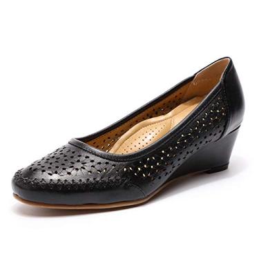 Imagem de Mona flying Sapato feminino de couro, bico fechado, 5 cm, salto médio com suporte de arco, bico redondo, confortável para mulheres, mulheres, preto, Preto, 35