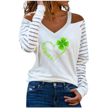 Imagem de Nagub Camiseta feminina St Patricks Day, manga comprida, gola V, trevo irlandês, ombro de fora, algodão, plus size, moda 2024, Trevo, M