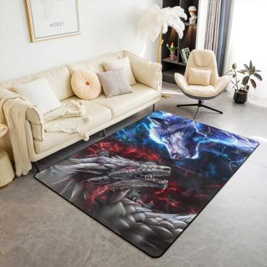 Imagem de Tapete decorativo dragão lobo, fogo, relâmpago, sala de estar, tapete para quarto, animal selvagem, preto, azul, vermelho, cozinha, 13 x 1,8 m