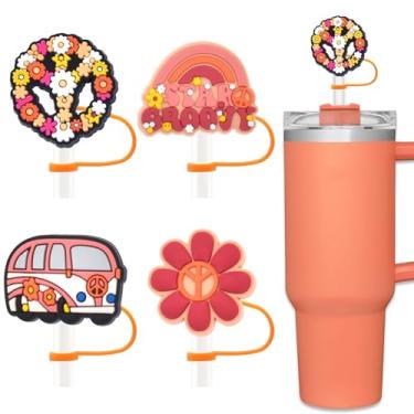 Imagem de Amreich Capa de palha Boho para Stanley Cup - 4 peças de acessórios de copo Stanley laranja, design hippie Groovy 60s 70s lembrancinhas de palha de festa