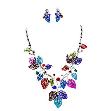 Imagem de Worry-Free Shopping Conjunto de colar + brinco com pingente de flores e folhas de tinta multicolorida banhada a prata, Metal, Zircônia cúbica