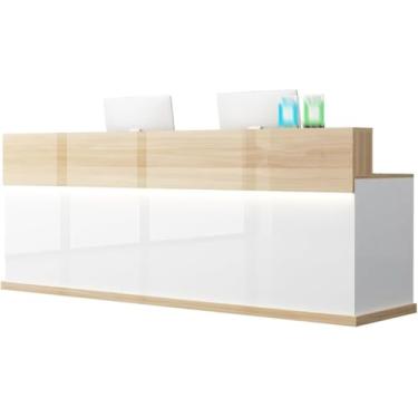 Imagem de Mesa de recepção com balcão, recepção frontal grande, balcão de recepção de escritório com gavetas bloqueáveis, mesa de balcão de caixa de varejo em pé, branca 1,55 x 60 x 99,8 cm