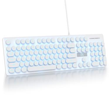 Imagem de surmen Teclado de máquina de escrever com fio fofo e silencioso, teclado retroiluminado para PC com teclas redondas retrô, tamanho completo, 104 teclas para computador de escritório (branco)