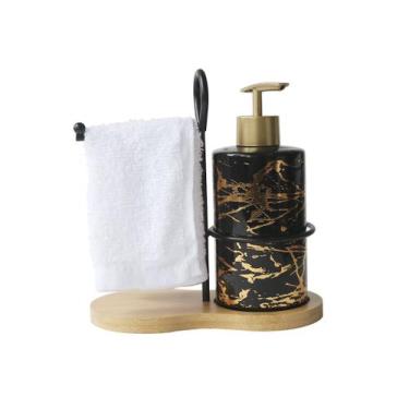 Imagem de Kit banheiro de porcelana modelo marmorizada com suporte de toalhinha 