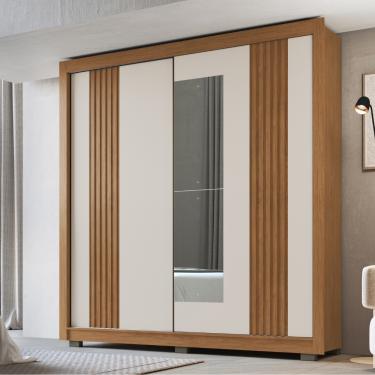 Imagem de Guarda Roupa Casal Ripado com Espelho 2 Portas de Correr com Pés Tokyo Faimec - Freijo/Off White