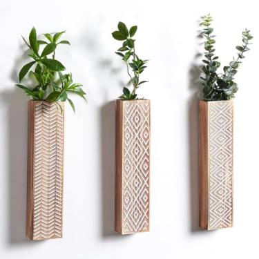 Imagem de DoubleFill 3 plantadores de parede de madeira boho geométricos, vasos de parede de madeira para decoração, plantas de flores artificiais, plantas de interior para sala de estar, quarto