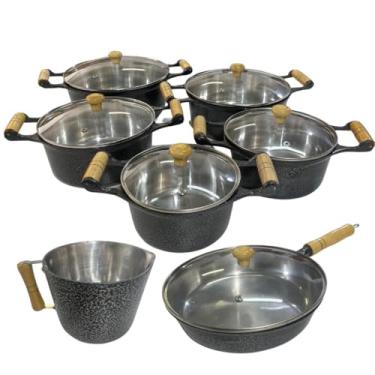 Imagem de Jogo de Panelas Preta em Alumínio Batido Fundido 7 Peças com frigideira Craquelada Grossa com Tampa de Vidro
