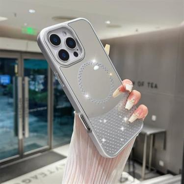 Imagem de Glitter Diamond Make Up Mirror Magnetic Phone Case para iPhone 15 14 11 12 13 16 Pro Max Plus Capa de carregamento sem fio, prata, para iPhone 12 Pro