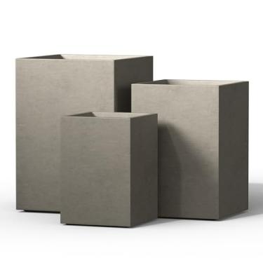 Imagem de Kante Conjunto de 3 plantadores de concreto retangulares altos (32 cm, 39,9 cm, 47 cm de altura), vaso de jardim interno e externo para árvores, flores, arbustos, ideal para pátio, jardim, varanda