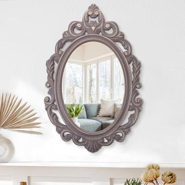 Imagem de Espelho de parede com moldura de madeira marrom oval espelhos vintage esculpidos espelho decorativo para parede estilo barroco espelho estético rústico para parede casa sala de estar quarto entrada