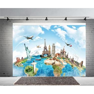 Imagem de Pano de fundo de viagem globo de 3 x 2,4 m, mapa da terra, cenário mundial, cenário de referência famoso, decoração de casa, fundo fotográfico, pirâmide da terra, estátua da liberdade, pano de fundo