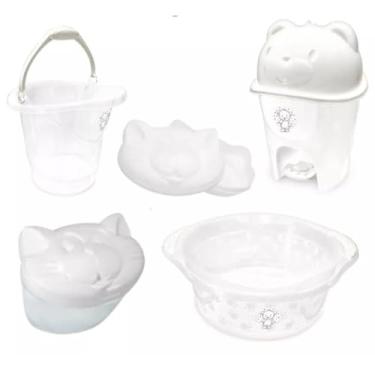 Imagem de Kit Adoleta 5 Peças Enxoval Bebê Bacia Balde Saboneteira Lixeira e Porta Chupeta (Branco)