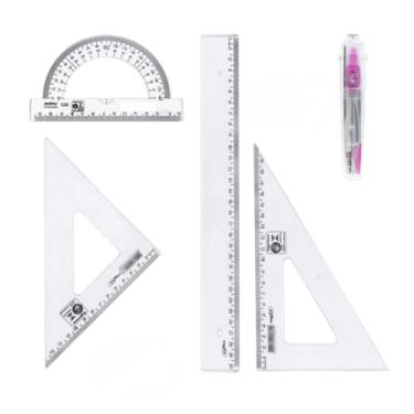 Imagem de Conjunto Escolar - Inclui RéGua Transparente de Geometria MatemáTica, Transferidor, Compasso(Rosa 5 pçs)