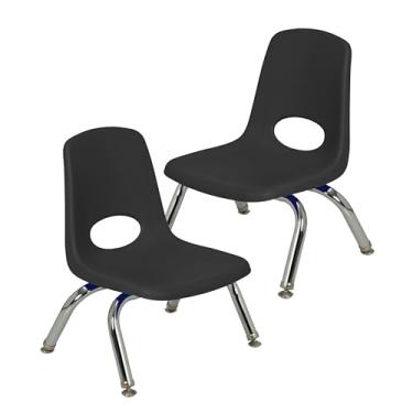 Imagem de Cadeira escolar empilhável de 20 cm, assento de estudante empilhável com pernas de aço cromado e deslizadores giratórios; para creche, pré-escola e escola em casa - preta (pacote com 2), 15408-BK