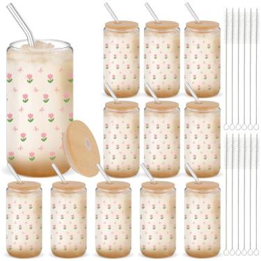 Imagem de Yetene 12 conjuntos de copos estéticos com tampas de bambu e escovas de canudo 473 ml copos de vidro com estampa fofa de café gelado chá e cerveja presentes para mulheres, acessórios de café (tulipa)