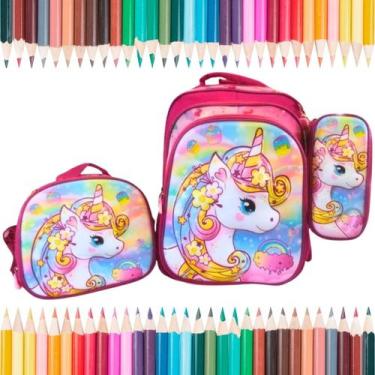 Imagem de Lancheira Mochila E Estojo Unicórnio Rosa Brilhante Infantil Compacto 