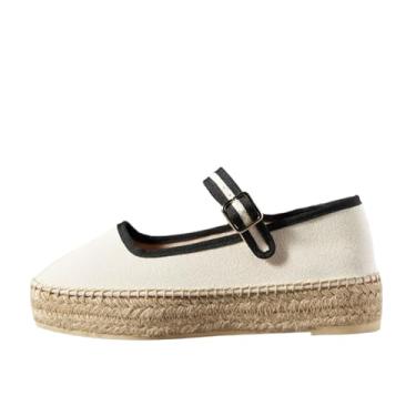 Imagem de keleimusi Sapatilhas femininas Mary Jane com alpargatas plataforma, alpargatas tecidas, lona, verão, sapatilha, Bege, 38