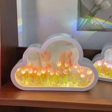 Imagem de Espelho De Tulipa De Nuvem Luz Noturna,espelho De Luz Noturna,candeeiro De Mesa Led Tulip, Lâmpada De Mesa De Dormir De Quarto De Flor De Simulação,enfeites De Mesa De Cabeceira D, Pink