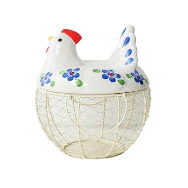 Imagem de Cesta decorativa de ovos para balcão, tampa de galinha de cerâmica com cesta de arame, comporta de 20 a 25 ovos