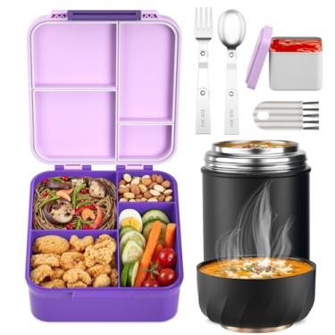 Imagem de Conjunto de lancheira Bento com garrafa térmica de sopa de 500 ml, recipientes infantis à prova de vazamento com 4 compartimentos, jarra térmica infantil para comida quente e lancheira isolada para