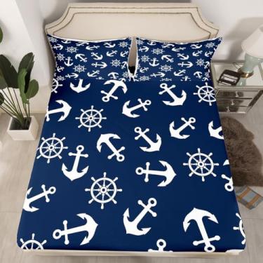 Imagem de jejeloiu Jogo de lençol Queen com tema náutico, decoração de leme de âncora, respirável, litoral, aventura, mar, para meninos e meninas e adolescentes