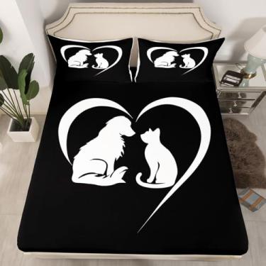 Imagem de jejeloiu Jogo de lençol Queen com estampa de cachorrinho, cachorro e gato, 3 peças, 1 lençol com elástico + 2 fronhas (sem lençol de cima)