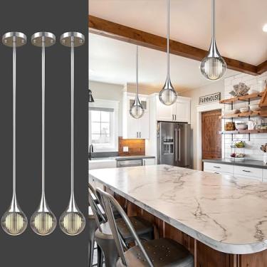 Imagem de 3 luzes pendentes ilha de cozinha, globo prateado cromado cristal luzes penduradas no teto, luminárias de LED, haste de metal, iluminação pendente de vidro para cozinha, ilha, sala de jantar, bar