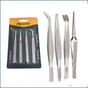 Imagem de Kit Com 4 Pinças De Precisão Em Aço Inox Ponta Fina, Curva E Reta Para Eletrônica E Artesanato