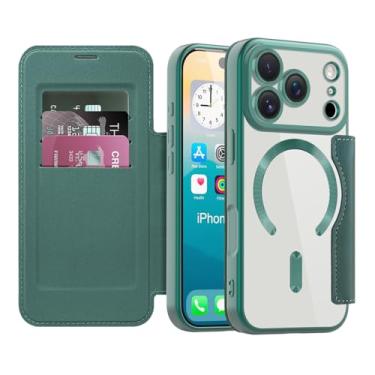 Imagem de Asdsinfor Capa flip para iPhone 17 Pro capa de couro transparente galvanizada resistente 360 proteção sem fio com compartimento para cartão antideslizante capa carteira para Apple iPhone 17 Pro. Verde