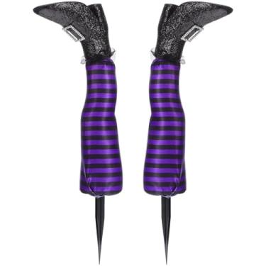 Imagem de VICASKY Pernas de bruxa para artesanato, perna listrada assustadora, estacas de jardim de bruxa de mãos dadas, bruxas, com vaso de plantas más, decoração de férias, decorações vintage, sapatos