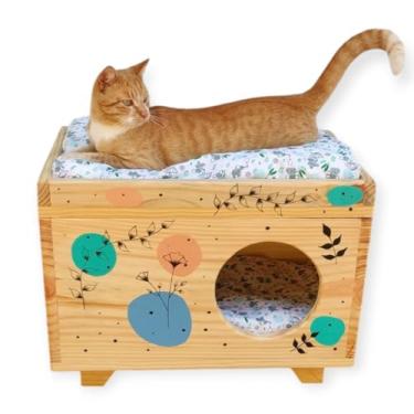 Imagem de Casa Toca Decorativa para Gato, Madeira Natural, Design Pintura Orgânica, Almofada Estampada, Duplo Nível, Nicho Moderno para Descanso