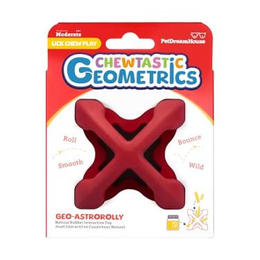 Imagem de PetDreamHouse Chewtastic Geometrics Brinquedo para cães de enriquecimento de borracha natural Geo-AstroRolly Red, rolamento envolvente e salto imprevisível, recheável, divertido de mastigar e buscar