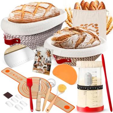 Imagem de FJZZ Kit inicial de massa fermentada de 19 peças, kit inicial de pão de fermento com cesta oval de 25 cm e cesta redonda de massa fermentada de 23 cm, kit de massa fermentada, presente para padeiras