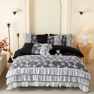 Imagem de Luxuoso conjunto de capa de edredom solteiro borboleta de renda preta, 3 camadas, borda de babados, estilo vintage francês, 2 peças, 1 capa de edredom com 1 fronha, sem edredom