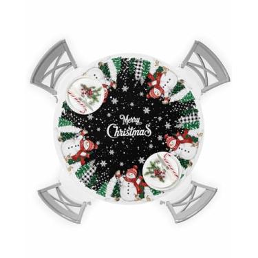 Imagem de Toalha de mesa redonda de boneco de neve de Natal vermelho com borda elástica, xadrez, árvore de Natal, floco de neve, preta, à prova de óleo, à prova de óleo, para festas, piqueniques, serve para