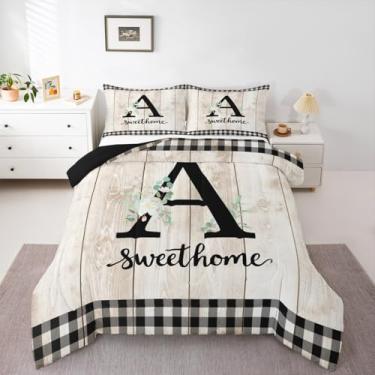 Imagem de Erosebridal Conjunto de edredom com letra A personalizado, tamanho solteiro, rústico, decoração de casa de fazenda, para crianças, meninos, meninas, homens, madeira, preto, bege, xadrez (A
