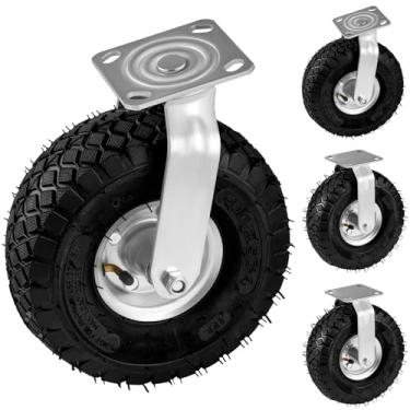 Imagem de Rodízios pneumáticos 25 cm, pacote com 4, 2 rodízios giratórios e 2 rígidos, resistentes, capacidade de 544 kg, roda de borracha para bancada, carrinho, vagão e prateleiras