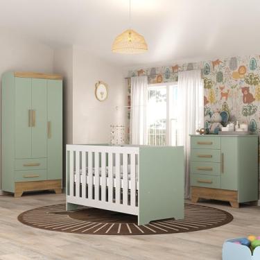 Imagem de Quarto de Bebê Completo Guarda Roupa 3 Portas 2 Gavetas com Cômoda e Berço Lily Espresso Móveis Verde Fosco/Nature