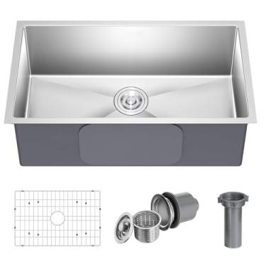 Imagem de Pia de cozinha profunda de aço inoxidável 304 moderna tigela única pequena pia de estação de trabalho com grade e ralo de prato (aço inoxidável, montagem inferior de 61 x 45 cm)